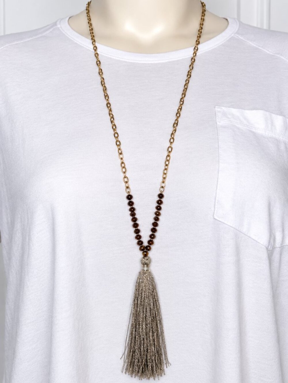 Jack & Bella Extra Long Tassel Necklace Gold Tone Brown Beads Statement Jewelry